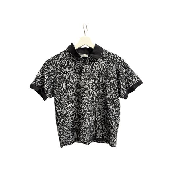 Dior Stussy Black All Over Print Polo T-Shirt Size S (Women’s Or Kids) SHRUNK - Picture 1 of 6